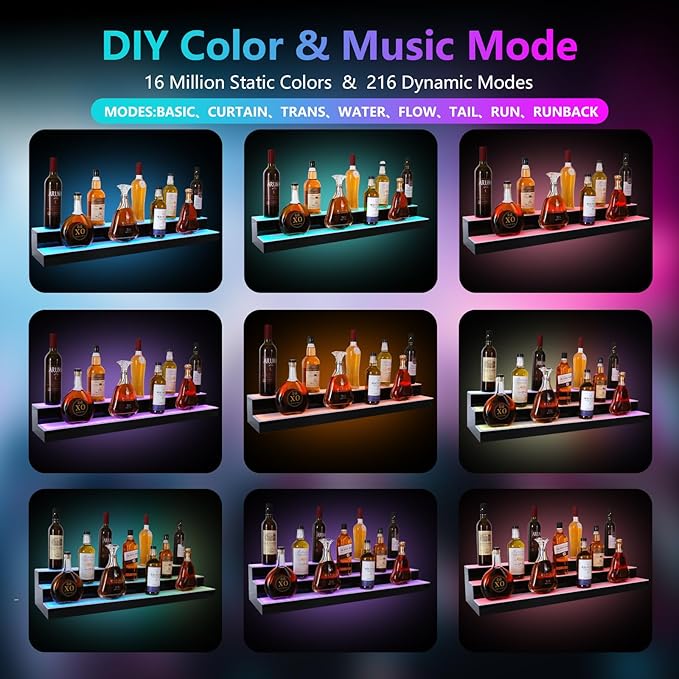 Led Lighted Liquor Bottle Display Shelf, 40 Inch 2 Tier Whiskey Rack, Support USB, Bar Stand with RF Remote & App Control, Illuminated Acrylic Lighting Shelves for Home Bar, Party