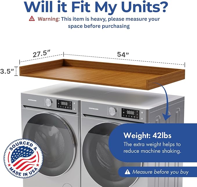 OfficeSimpli Washer Dryer Countertop, Made in USA, Non-Slip Pads, Easy Clean, Laundry Room Essentials and Decor, Washer Dryer Wood Top for Organization (Cafe Latte, Standard (27.5" x 54"))