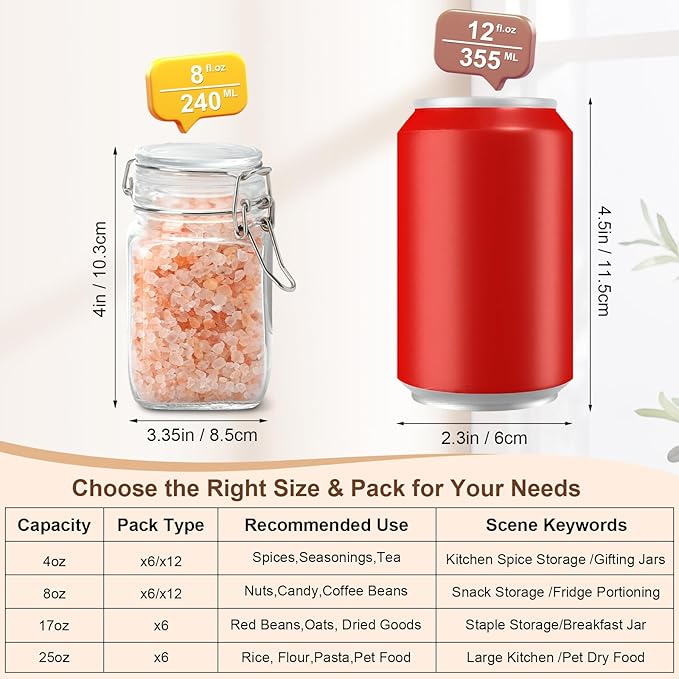 6 Pack Spice Jars, 8 oz Glass Containers with Airtight Lids, Small Herb Jars with Labels for Kitchen Storage