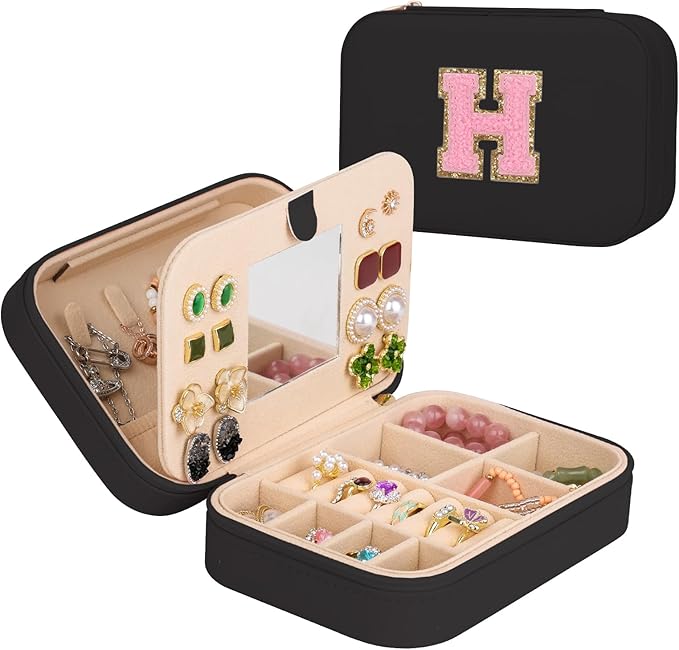 TopPerfekt Travel Jewelry Case, Jewelry Box with Mirror, Jewelry Organizer Bridal Shower Gifts to Her, Earring Storage Travel Case, Trendy Gift for Women and Girls, Girlfriend-Letter H, Black