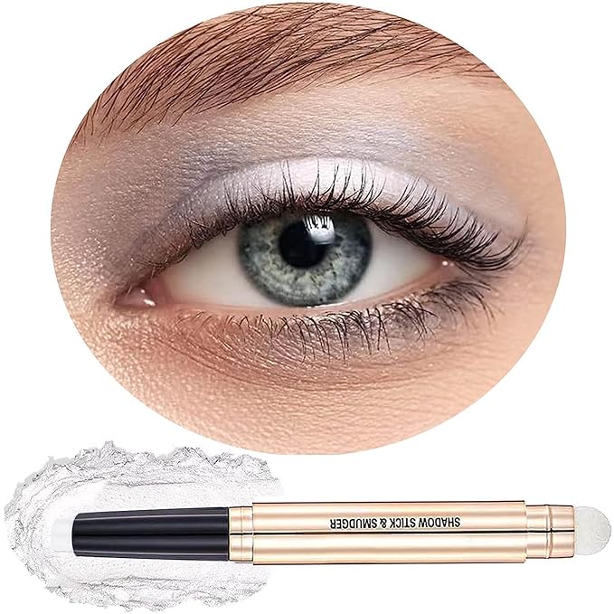 White Eyeshadow Stick Makeup, Highlighter Matte Cream Eye Shadow Pencil, Waterproof Hypoallergenic Long Lasting Crayon, Glitter Primer Palette Shimmer Eyeliner Pen wiht Soft Brush