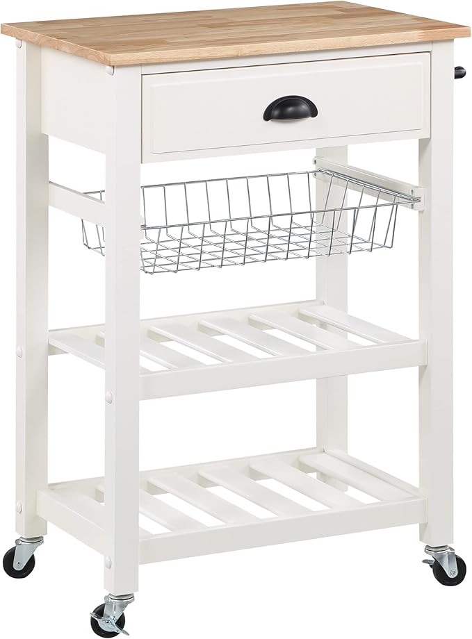 OSP Home Furnishings Hampton Kitchen Cart with Wood Top, Utensil Drawer, Under Cabinet Basket, and 2 Slatted Shelves, White Base