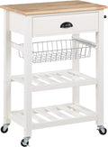 OSP Home Furnishings Hampton Kitchen Cart with Wood Top, Utensil Drawer, Under Cabinet Basket, and 2 Slatted Shelves, White Base