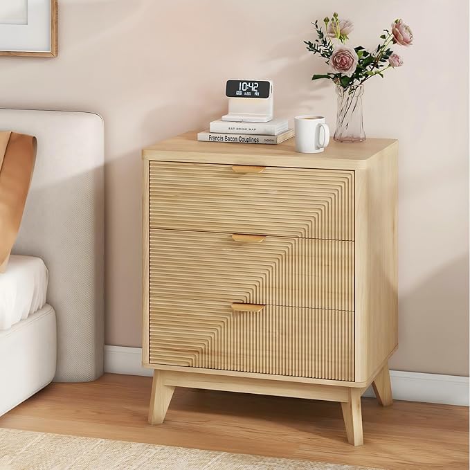 3 Drawer Fluted Nightstand for Bedroom, Modern Wood Night Stand with Curved Profile, Fluted Dresser & Wood Drawer Organizer for Bedroom and Hallway