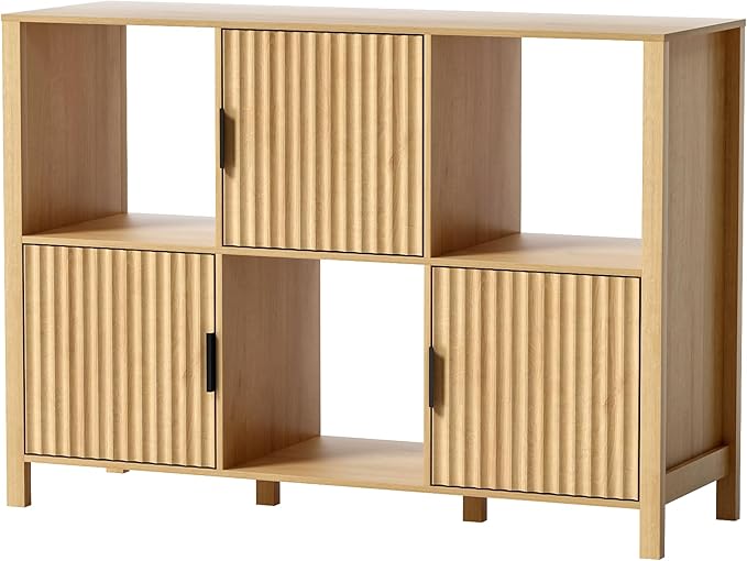 Fluted Storage Bookshelf Set of 2, Modern Wooden 6 Cube Bookcase with Doors and Open Shelf, 2-Tier Short Organizer Book Shelf for Living Room, Bedroom Natural Oak