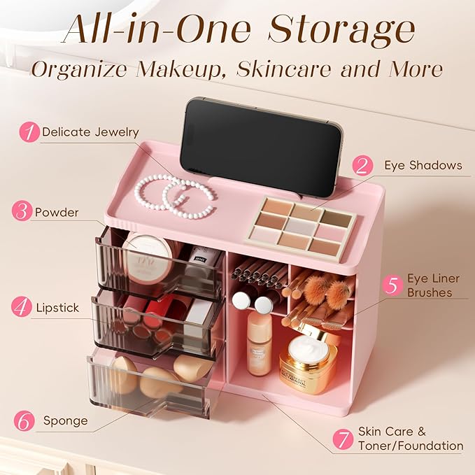 Small Makeup Organizer with Drawers, Stackable Bathroom Couneter Organizer with Phone Holder, Versatile Vanity Organizer Countertop, Cosmetic Organizer for Makeup Brush, Skin Care, Lotion -Pink,1Pack