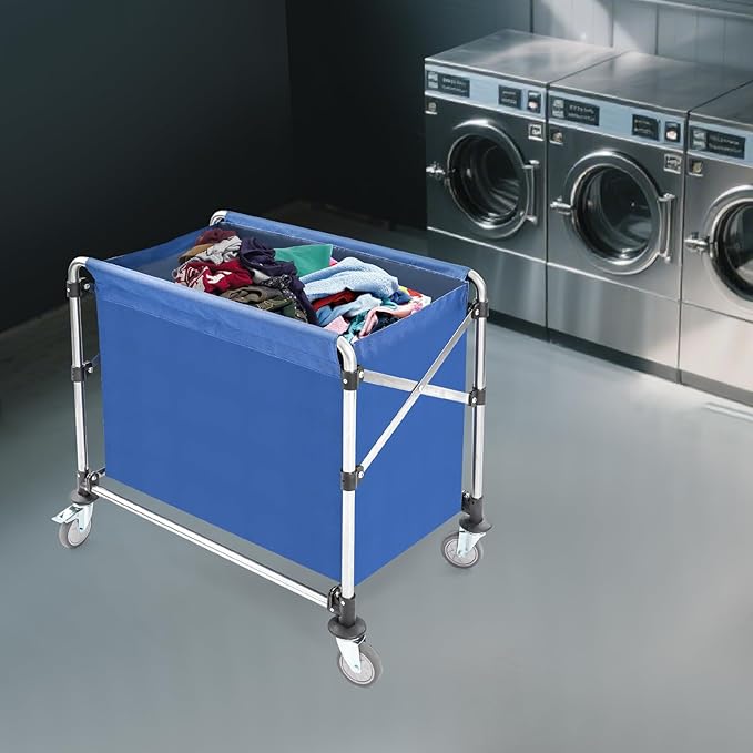 Commercial Laundry Cart with Wheels,Folding Laundry Hamper Cart,Heavy Duty Rolling Basket with Large Capacity, Sorter Trolley for Home Hotel Apartment (Blue, 34.25 * 20.47 * 30.7in)
