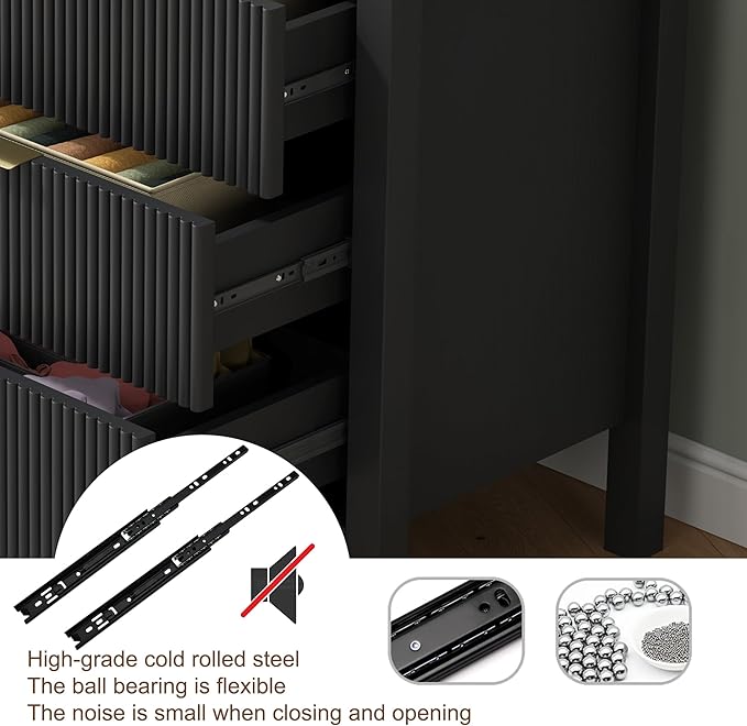 3 Drawer Dresser, Chest of Drawers Organizer with Waveform Panel, Large Fluted Dresser with Wide Drawers and Golden Handles, Wood Storage for Bedroom, Hallway, Entryway, Black