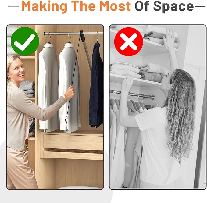 Pull Down Closet Rod, 26 Inch Soft-Close Buffering Clothing Organizer, Stainless Steel Back Mounted Closet Rod for Hanging Clothes Space-save in Tight Spots, Holds Up to 22lbs