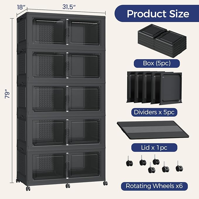 250Gal Stackable Storage Bins with Lid, 1000Qt Extra Large Collapsible Storage Box with Wheels, Dividers, Folding Plastic Cabinet Closet Organizers for Home Kitchen Office Dorm, 5Pack Black
