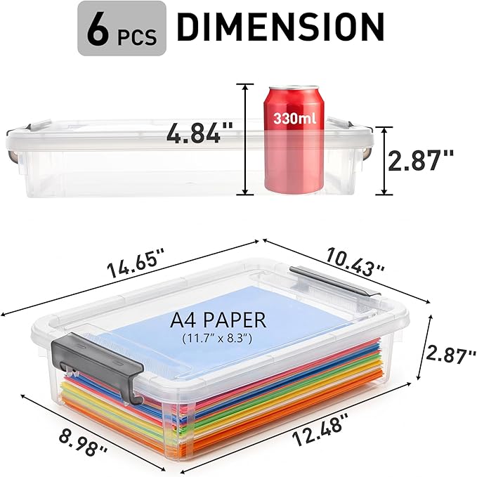 Citylife 6 PCS Clear Plastic Container Clip Box with Latching Lids, Stackable Document Paper Protectors Organizer Container for Office, Home, and School Supplies