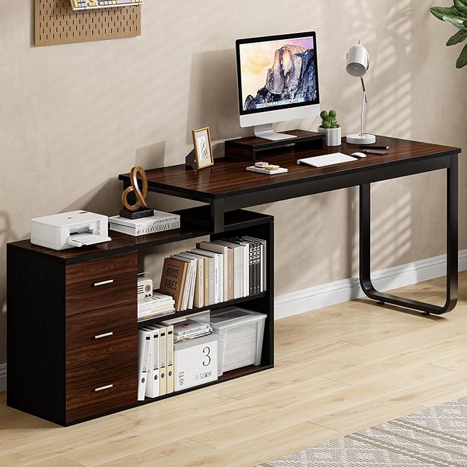 55 Inch L Shaped with Storage Shelves, Corner Computer Desk with Drawers, Home Office Desk with Removable Monitor Stand, Study Desk for Kids, Black