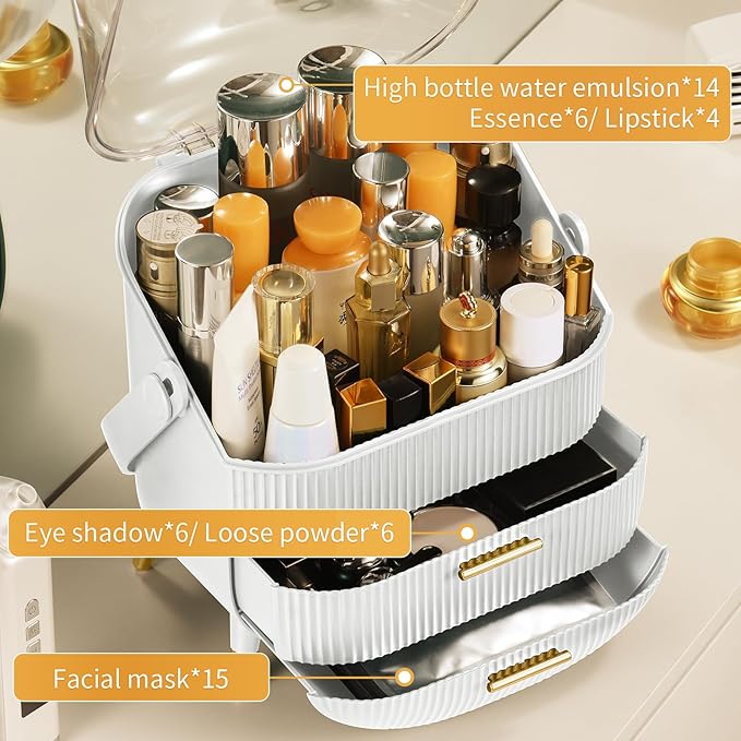 CANITORON Makeup Organizer,Skincare Organizer with 2 Drawers and Transparent Cover,Cosmetic Display Case for Vanity Organizer and Bathroom Countertop Storage.(White)