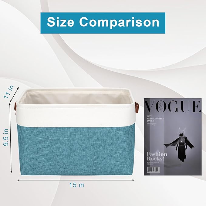 Storage Bins Large Fabric Storage Baskets for Shelves 3 Pack, Decorative Linen Closet Baskets with Handles for Organizing, Shelf, Clothes, Home, Office, 15x11x9.5Inches (Teal&White)