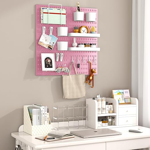 Peg Board Combination Kit, 4 Pegboards with 20 Accessories, Pegboard Wall Organizer for Office, Nursery & Home Storage, Key Holder, 25.6"x25.6" – Nail-Free Installation（Pink）