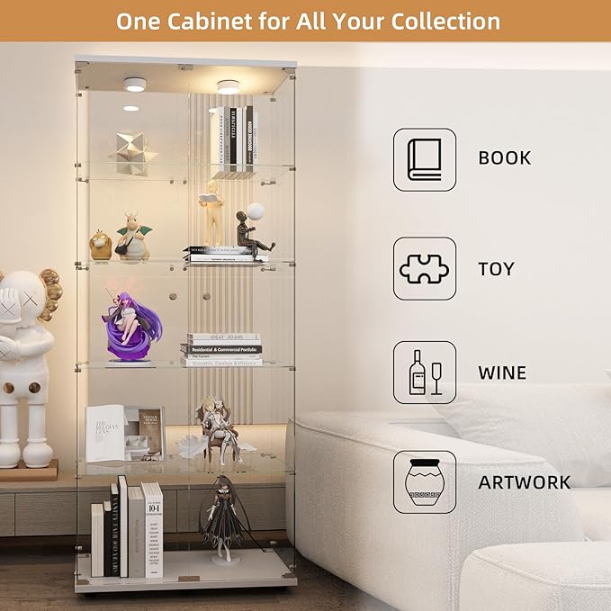 Beauty4U Glass Display Cabinet with Lights, 5 Shelves with 2 Doors, Curio Cabinets for Living Room, Bedroom, Office, White Floor Standing Glass Bookshelf, Quick Installation