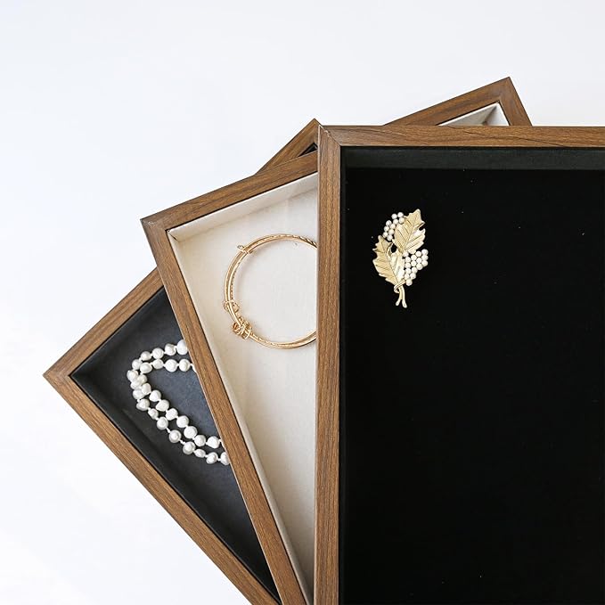 MOOCA 2 Pcs Wooden Jewelry Display Tray, Presentation Tray, Organizer for Rings, Necklaces, Earrings, and Accessories, Walnut Color with Black Suede, 14" W x 9.6" D x 1.2" H