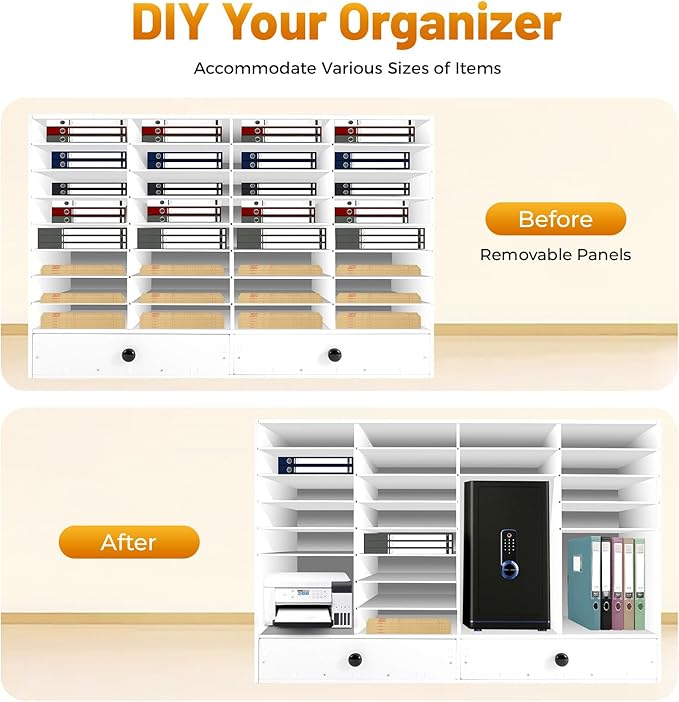 Adjustable Literature Organizer, 32 Compartments Mail Sorter Organizer with 2 Drawers, PVC Desktop File Sorter, Classroom Mailbox Office Mailbox Cubbies for Office, Home, Study Room White