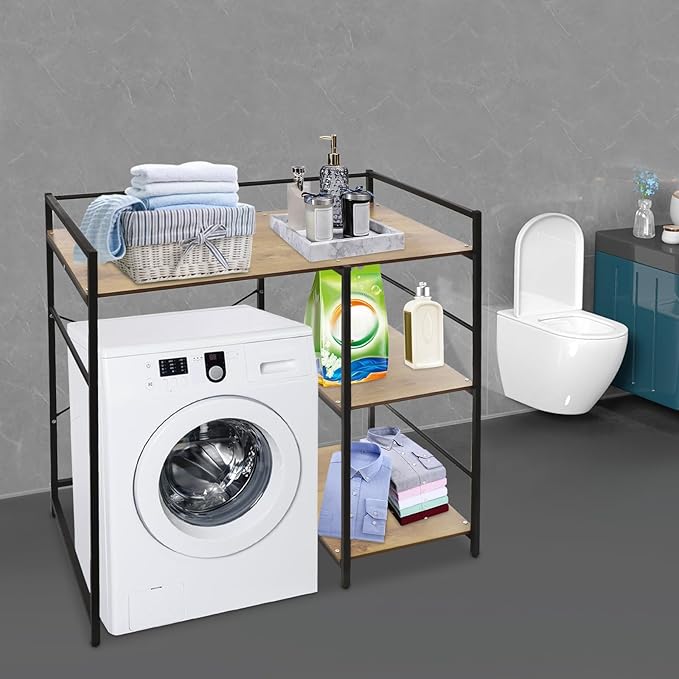3 Tier Washing Machine Shelf, Over The Washer and Dryer Storage Shelves Space Saving Shelving Units Drying Organizer Stand with Side Racks for Laundry Room Apartment Bathroom (Black, Brown)