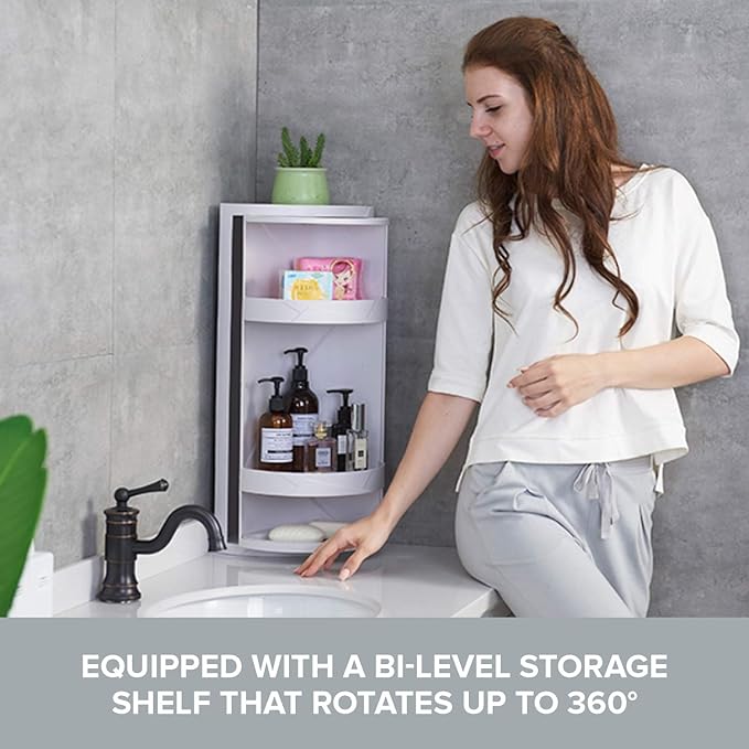 Bathroom Storage Corner Vanity Cabinet 24"x8.75"x8.75" Space Saver Rotating Organizer - 2-Tiered Storage Cabinet Countertop Storage or Wall Shelf - White Corner Shelf - Hidden Storage Rack