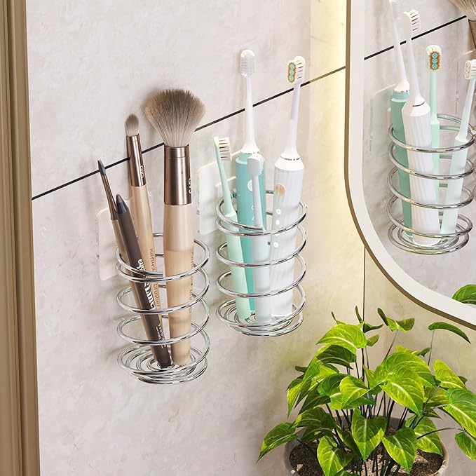 Wall-Mounted Spiral Hair Tool Holder, Adhesive Bathroom Organizer for Toothbrush and Makeup Brushes, Stainless Steel, 8 x 7 cm (1)