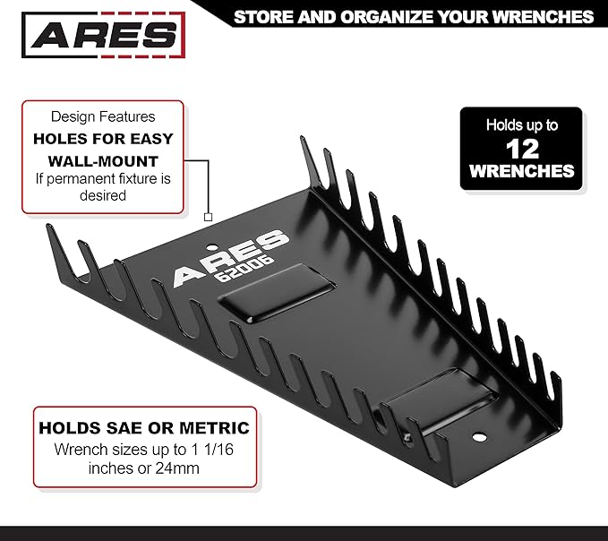 ARES 62006-12-Slot Metal Magnetic Wrench Organizer - Sturdy Metal Rack Stores up to 12 SAE and Metric Wrenches and Keeps Your Garage Organized