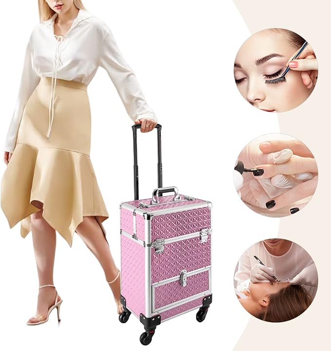 Rolling Makeup Case, Nail Storage Box with Wheels Portable Makeup Trolley for Beauty Studio Hairdressers Nail Technician (Pink)