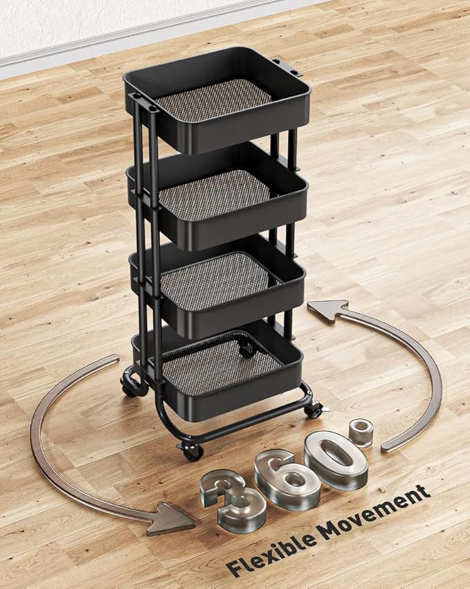 Pipishell 4 Tier Metal Rolling Utility Cart, Heavy-Duty Storage Rolling Cart with 2 Lockable Wheels, Multifunctional Mesh Organization Utility Cart for Kitchen Dining Room Living Room, PIUC13B