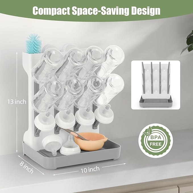 Baby Bottle Drying Rack, Space Saving Baby Bottle Organizer for Countertop, Vertical Bottle Dryer Holder with Brushes Holder, Large Bottle Storage Holder 12 Bottles & Baby Accessories Grey