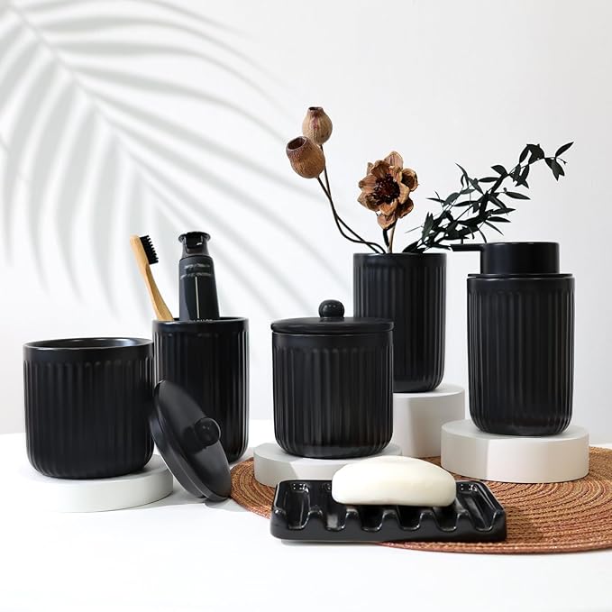 BosilunLife Ceramic Bathroom Accessories Set - Bathroom Counter Soap Set Black Bathroom Decor Sets Accessories Bathroom Lotion Soap Dispenser and Toothbrush Holder Set, Soap Dish, Apothecary Jars