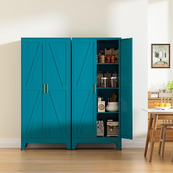 Metal Pantry Cabinet, 61" Tall Kitchen Storage Cabinet with 2 Doors and 3 Adjustable Shelves for Kitchen, Living Room, Dining Room, Bathroom and Home, Office