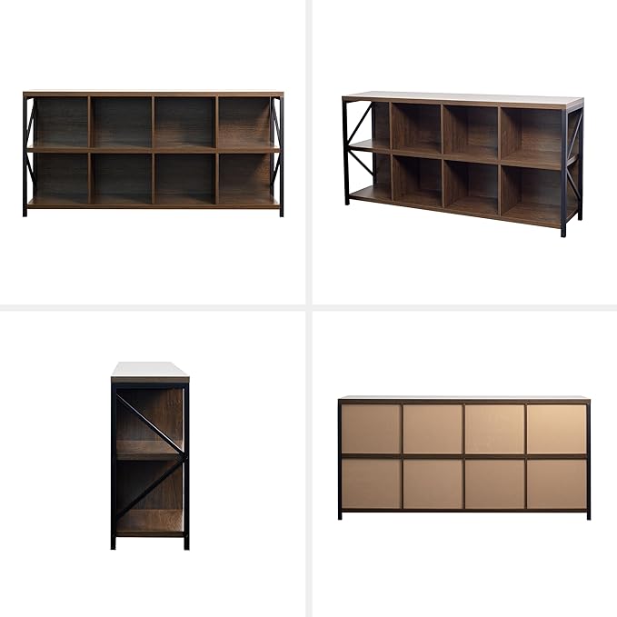 otlectics 2-Tier Bookcase with 8 Cubes, 63 Inch Industrial Horizontal Bookshelf, Home Office Storage Cabinet Organizer with Metal Legs, Brown