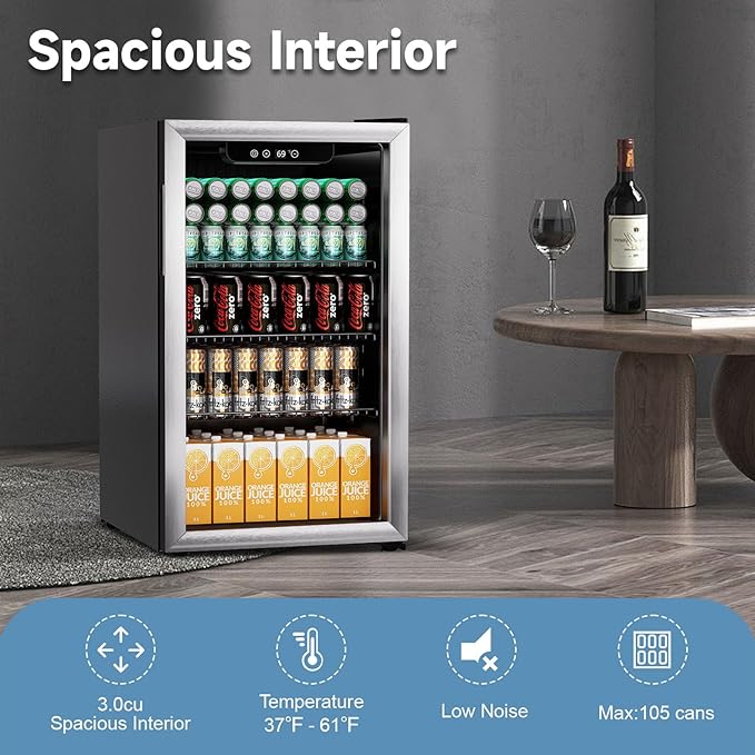 105 Can Mini Fridge - 3.0 Cu.Ft Beverage Refrigerator with Reversible Glass Door for Soda Wine Beer, Adjustable Temperature Control for Home Office Bar, Black(37-61 ℉)