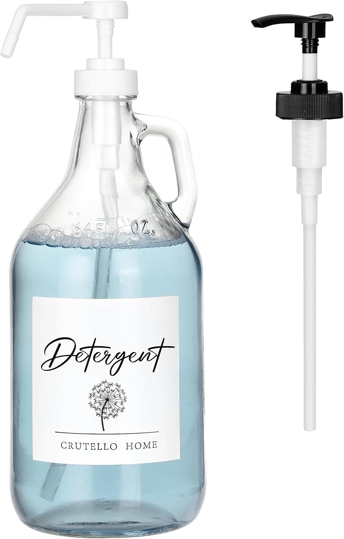 Crutello 64 oz Glass Laundry Detergent Dispenser for Detergent, Bleach, Syrup Pump Dispenser, Ketchup Pump, Glass Pump Bottle for Laundry Room Decor with Spray Bottle for Cleaning Solutions
