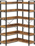 Rolanstar Bookshelf 6 Tier with 4 Hooks, Reversible Corner Bookshelf, 69" Industrial Wooden Bookcase with Open Shelves and Metal Frame for Living Room, Bedroom, Home Office, Rustic Brown