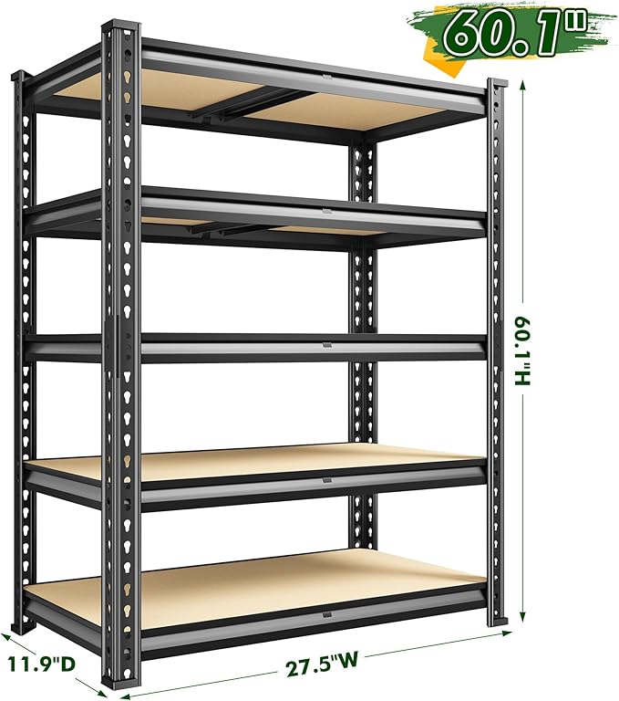 60.1" H Garage Storage Shelves 1990LBS Storage Shelves, 5 Tier Adjustable Metal Shelving, Garage Shelving for Storage, Basement, Warehouse, Pantry, Kitchen, 27.5" W x 11.9" D x 60.1" H, Black