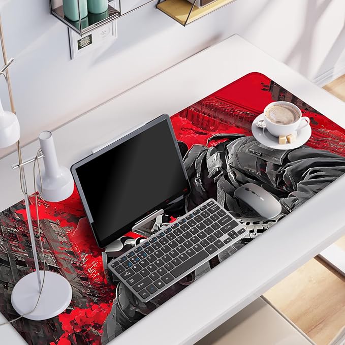 Tactical Soldier Gaming Mouse Pad – 31.5" x 11.8" Extended Desk Mat with Red Urban Battle Scene – Non-Slip Base, Smooth Surface for Gamers & Office Use