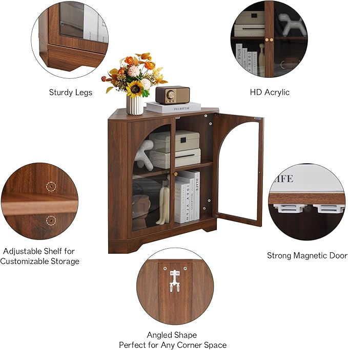 Mid-Century Floor Coner Storage Cabinet, 23" Short Small Wood Coner Cabinet with Adjustable Shelve & Acrylic Arched Mullion Doors for Bathroom, Living Room, Kitchen, Coofee Bar (Walnut)