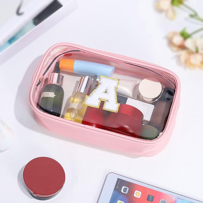 YOOLIFE Initial Make Up Bag Travel Toiletry Bag, Clear Makeup Bag Preppy Cosmetic Bags Organizer Travel Essentials Pink Gifts for Women Teen Girlfriend Teacher Bridesmaid Birthday Mothers day Gifts Q