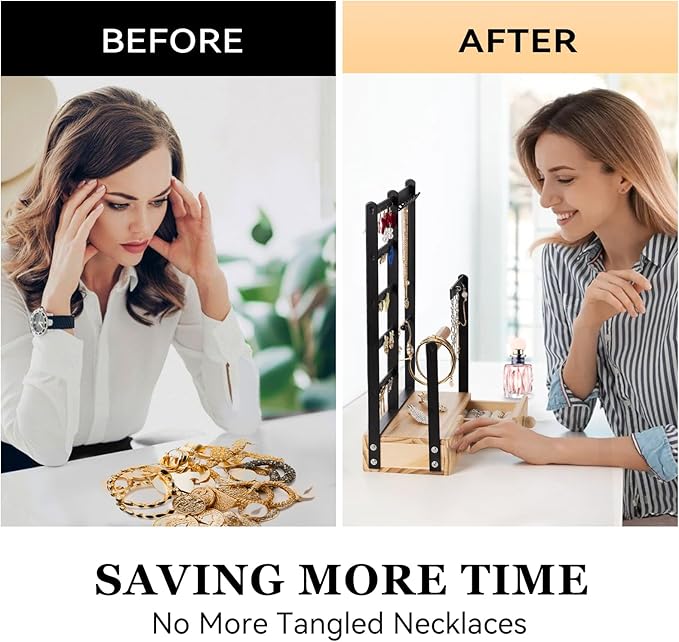 DreamGenius Jewelry Organizer Stand with 2 Velvet Ring Holder Drawers, 5 Tier Jewelry Holder Organizer with 11 Hooks for Necklaces and 145 Holes for Earrings, Black