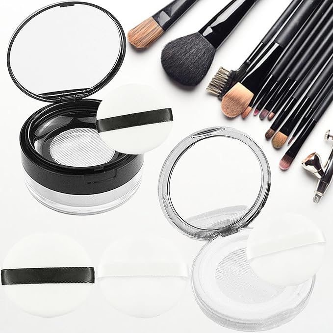 6PCS Loose Powder Container with Mirror and Strainer Empty Powder Loose Powder Reusable Plastic Compact Case with Mirror and Elasticated Net Sifter and Their Matching 4 Powders