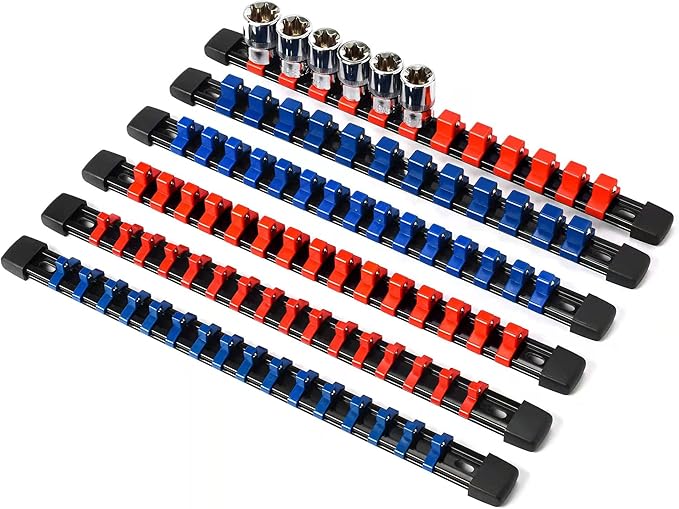 Socket Organizer Drive ABS Tools - Socket Holder, Premium Quality 6 Pieces Socket Holders Kit 1/4-Inch x 32 Clips, 3/8-Inch x 30 Clips, 1/2-Inch x 24 Clips