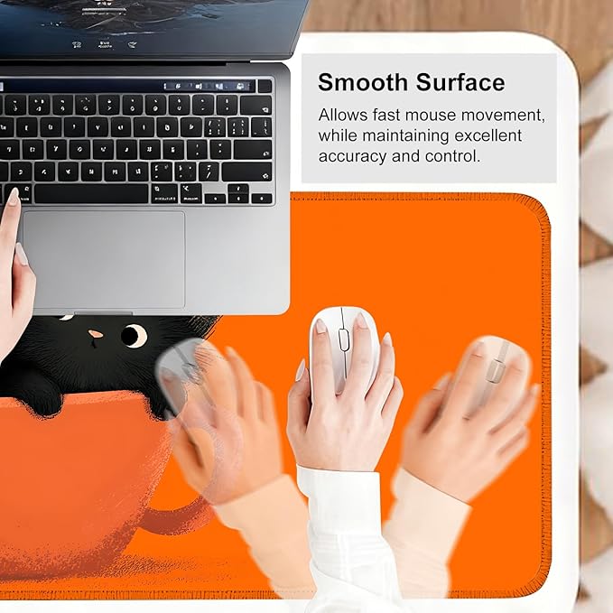 Large Cute Black Cat Mouse Pad, Extended Desk Mat with Non-Slip Base – 31.5 x 11.8 in – Cartoon Kittens in Orange Cup Design, Stitched Edges, Waterproof Gaming Keyboard Pad for Office & Home