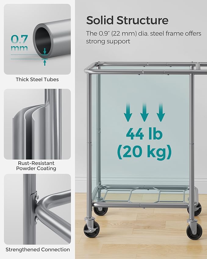 SONGMICS Laundry Basket with Wheels, 2-Section Rolling Laundry Hamper, 37 Gallons (140 L), Removable Liner, Steel Frame with Handle, 27.2 x 15.4 x 31.9 Inches, Ink Black URLS004B01