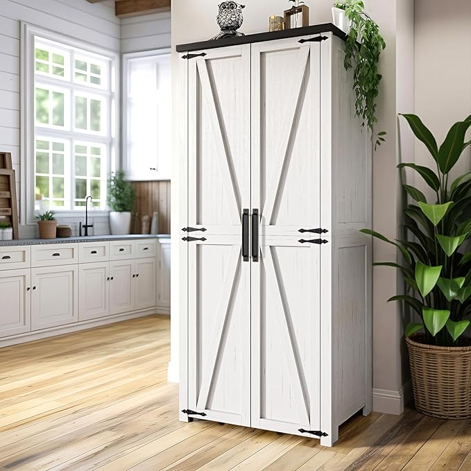 White Farmhouse Kitchen Pantry Cabinet, 72" Tall Storage Cabinet with Adjustable Shelves，Farmhouse LED Food Storage with 2 Barn Doors for Kitchen, Dining Room, Living Room