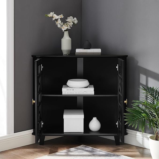 Walker Edison Fretwork Corner Accent Cabinet - Black