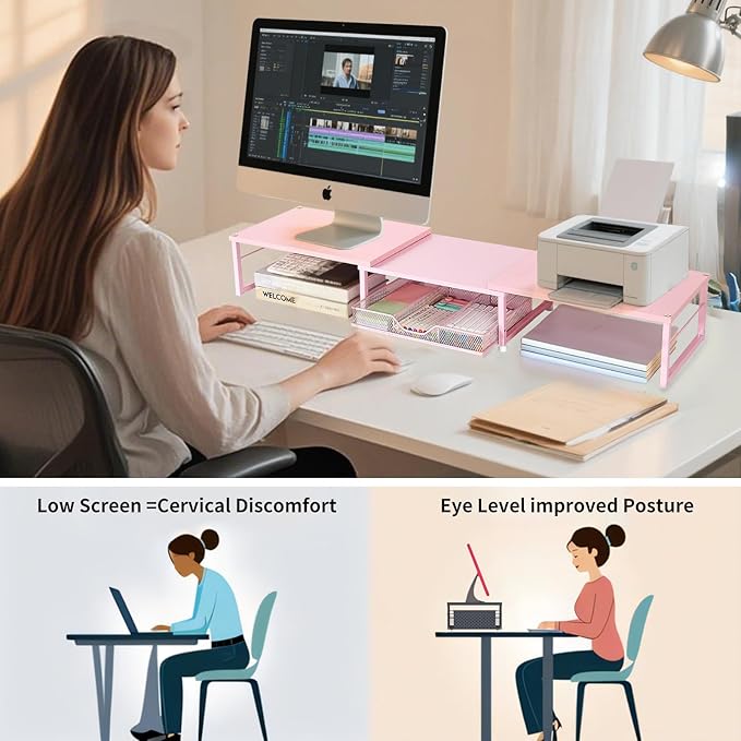 OPNICE Dual Monitor Stand Riser, Desk Organizer with Drawer, Office Desk Organizers and Accessories, Office Workspace Organization Computer Monitor Stand for Laptop, Printer, TV（Pink）