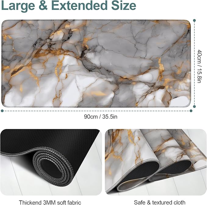 Marble Stripes Gaming Mouse Pad 35.4"x15.7"Desk Mat Anti-Slip Rubber Base & Durable Stitched Edges for Gamers Smooth Mouse Writing Surface for Desk Office/Home