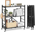 VEVOR 3-Tier Foldable Storage Shelf, 30W x 13D x 36H Inch Folding Metal Rack Shelving Unit, No Assembly Organizer Shelf with 5 Wheels & 4 Hooks for Pantry, Kitchen, Garage, Basement, Black