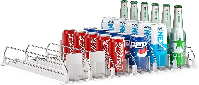 Soda Can Dispenser for Refrigerator,Self-Pushing Drink Organizer for Fridge, Width Adjustable Fridge Organization, Beer Pop Can Water Bottle Drink Dispenser for Fridge (15.1"D) White (White, 6 Row)